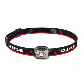 lampe frontale klarus hm3 670 lumens, vue 3/4, bandeau noir rouge