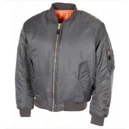 bombers US MA1 gris, vue de face, zip métallique et poche manche gauche