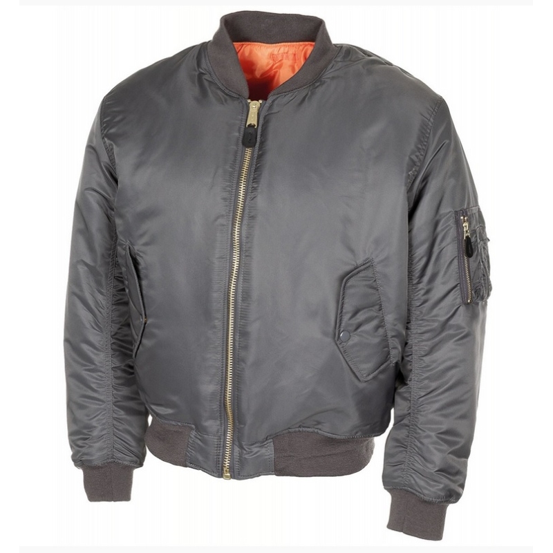 bombers US MA1 gris, vue de face, zip métallique et poche manche gauche
