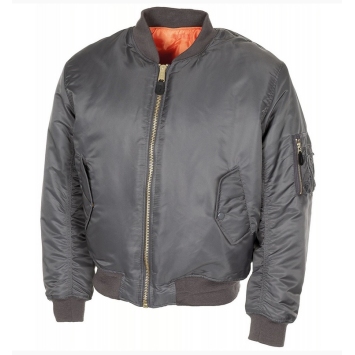 bombers US MA1 gris, vue de face, zip métallique et poche manche gauche