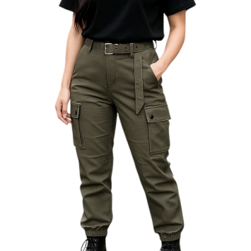 pantalon treillis f2 femme vert porté, coupe haute jambes étroites poches cargo boutons-pression