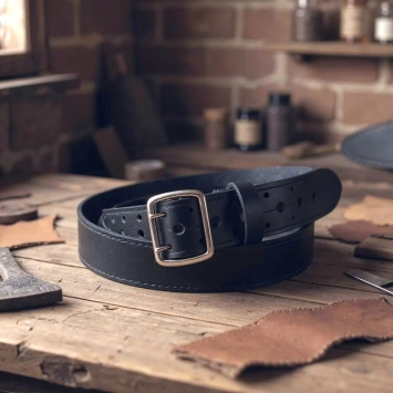 Ceinturon cuir noir double ardillon pour police gendarmerie, boucle argent, vue portée