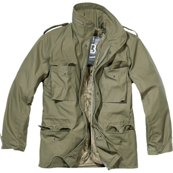 veste m65 classic brandit verte, vue de face ouverte, doublure amovible, poches cargo, cordons de serrage