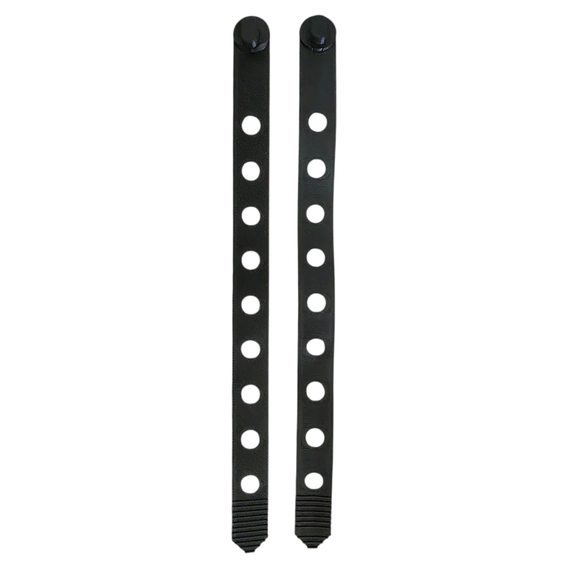 sangles molle pals flexibles noires x2, vue de face, 29 cm, trous de verrouillage.