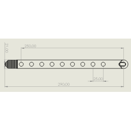 plan coté de la sangle molle pals — 290×21 mm, entraxe 25 mm, longueur utile 250 mm.