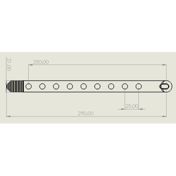 plan coté de la sangle molle pals — 290×21 mm, entraxe 25 mm, longueur utile 250 mm.