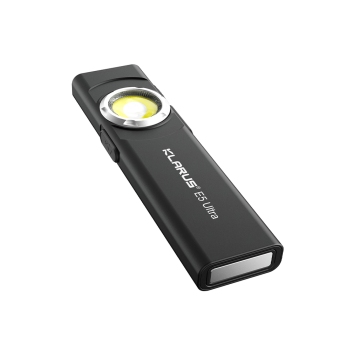 lampe klarus e5 ultra 800 lumens, vue de face, projecteur principal