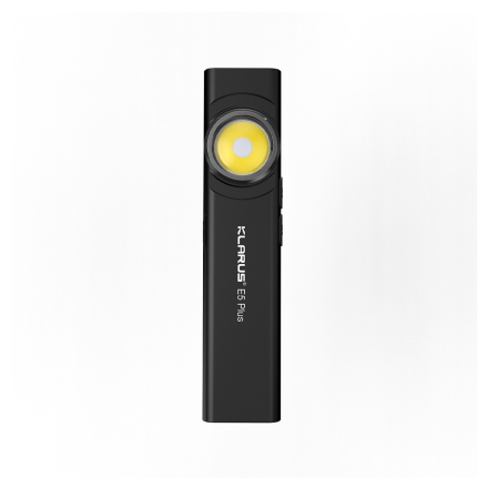 klarus e5 plus lampe rechargeable 650 lumens, vue de face, led principale ronde, noir