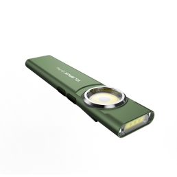 klarus e5 plus double éclairage, vue trois-quarts, led principale et panneau auxiliaire rectangulaire coloris vert