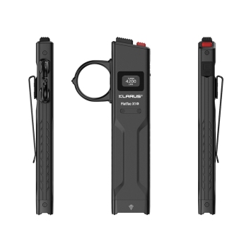 lampe torche Klarus X1K 4200 lm extra-plate, vue oblique, anneau tactique et écran OLED