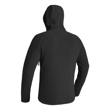 veste polaire Instructor noire, vue 3/4 dos, capuche relevée, manches raglan visibles