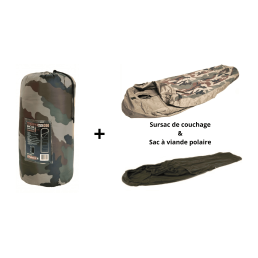 Pack couchage militaire complet 3 pièces — Sursac étanche + Sac à viande polaire + Sac de couchage tempéré +5°C