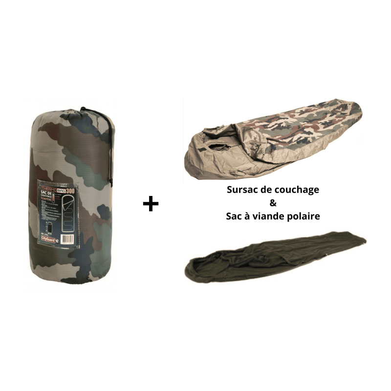 Pack couchage militaire complet 3 pièces — Sursac étanche + Sac à viande polaire + Sac de couchage tempéré +5°C