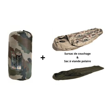 Pack couchage militaire complet 3 pièces — Sursac étanche + Sac à viande polaire + Sac de couchage tempéré +5°C