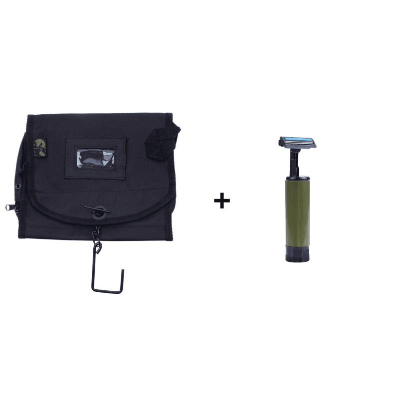 Kit toilette voyage/bivouac — Trousse militaire ARES + Rasoir pliable
