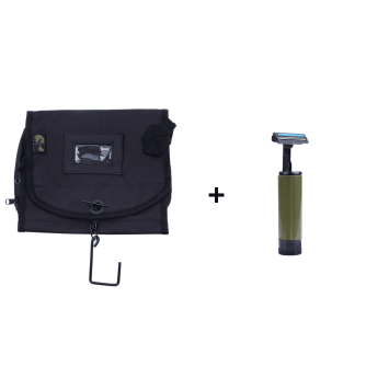 Kit toilette voyage/bivouac — Trousse militaire ARES + Rasoir pliable