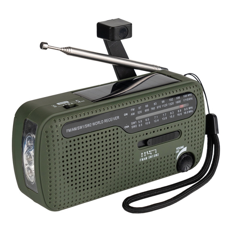 radio de survie fosco vert olive sw1 sw2 fm am avec antenne, panneau solaire et manivelle