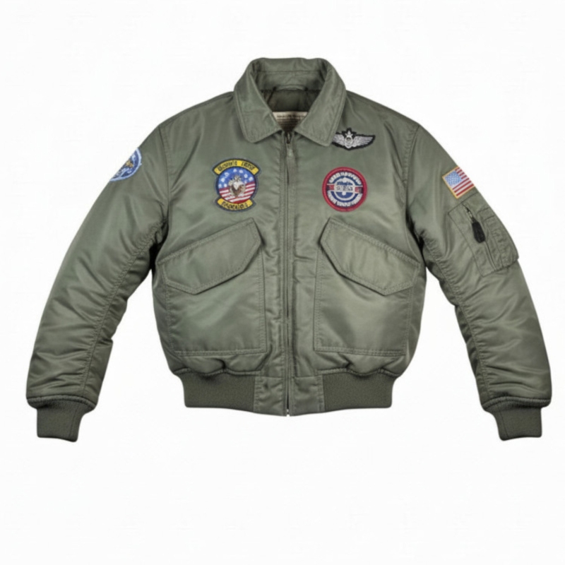 blouson aviateur enfant bombers cwu vert, vue de face, zip frontal, poches latérales, bord-côtes