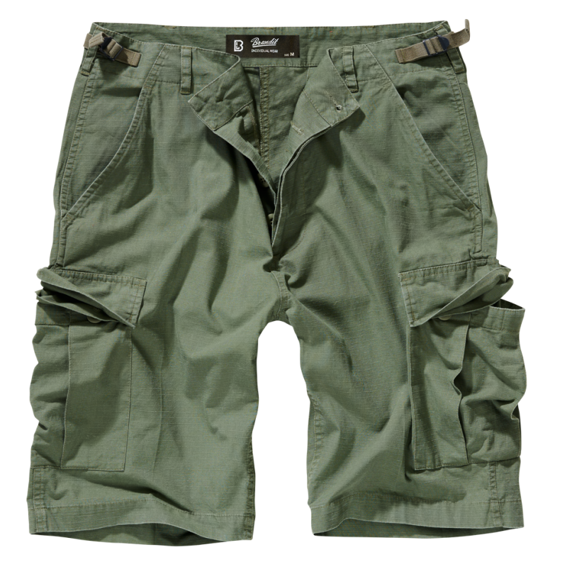 short cargo BDU Brandit ripstop vert olive, vue de face, braguette à boutons et pattes de réglage taille