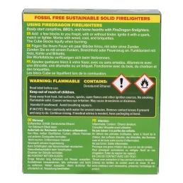 dos emballage Fire Dragon BCB CN368, notices d’utilisation et pictogrammes sécurité, combustible solide 6 blocs