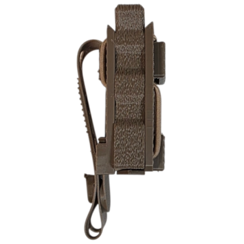 détail maintien du chargeur 9mm sur porte-chargeur molle flex ps coyote marron, rétention par élastique
