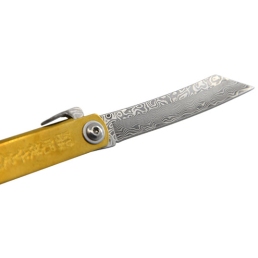 détail lame damas higonokami 75 mm, motif damas et pivot du couteau pliant