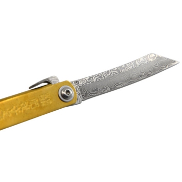détail lame damas higonokami 75 mm, motif damas et pivot du couteau pliant