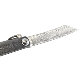 détail lame damas higonokami 75 mm, motif damas et pivot du couteau pliant