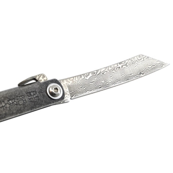 détail lame damas higonokami 75 mm, motif damas et pivot du couteau pliant