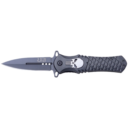 Couteau pliant JKR Skull Black étui nylon— Manche aluminium avec clip et lame de 8 cm