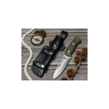 Couteau Cudeman Bushcrafter 206-GV Manche G10 vert avec entretoise noire et trou pour dragonne, étui cuir