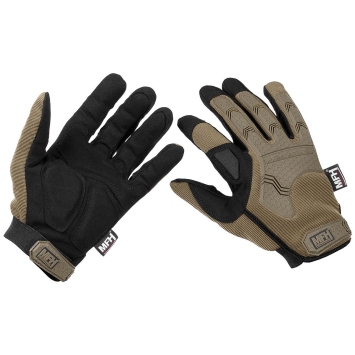 gants tactiques MFH Attack noir et coyote, vue paume et dos, protections souples et poignet velcro