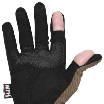 gants tactiques MFH Attack, détail pouce et index rabattables pour tir airsoft, paume renforcée