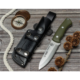 Couteau Cudeman Bushcrafter 206-GV Manche G10 vert avec entretoise noire et trou pour dragonne, étui cuir