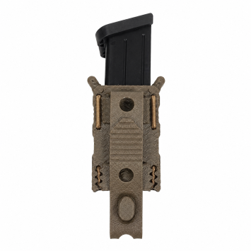 détail fixation molle pals du porte-chargeur 9mm coyote marron, passants et coutures renforcées