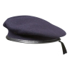 béret commando bleu en laine, vue trois-quarts, bord en cuir et lacet