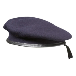 béret commando bleu en laine, vue trois-quarts, bord en cuir et lacet
