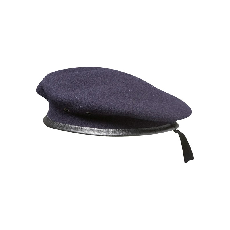 béret commando bleu en laine, vue trois-quarts, bord en cuir et lacet