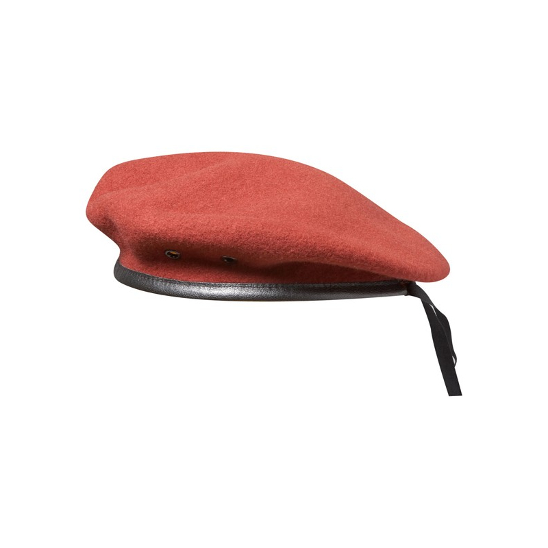 béret commando rouge laine, vue de profil, bord cuir et œillets d’aération