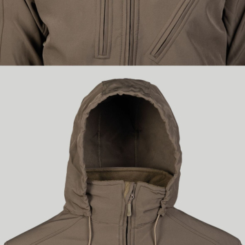 Veste softshell Mil-Tec SCU 14 conçue pour le terrain, l'airsoft, la randonnée, Capuche intégrée dans le col,