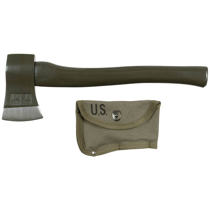 Reproduction de la hache US M1910 avec manche en bois et housse de transport en toile