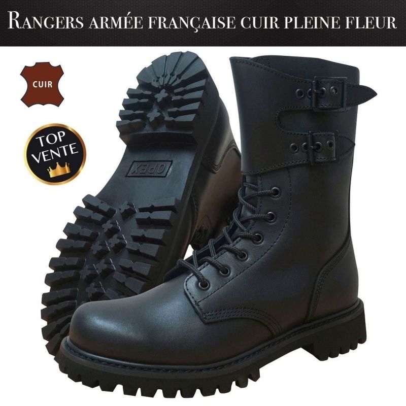 rangers militaire opex cuir pleine fleur noir, paire, semelle cramponnée en vue