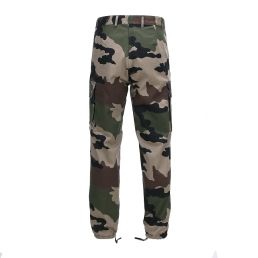 pantalon militaire f2 satin camouflage ce, vue de dos, passants de ceinture et ourlets à serrage