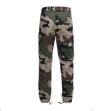 pantalon treillis f2 satin 101 inc camouflage ce, vue de face, poches cargo, bas élastiqués