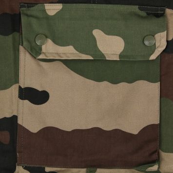 poche cargo à rabat pression, tissu satin camouflage ce, surpiqûres renforcées