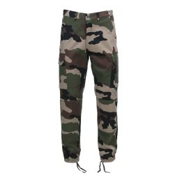 pantalon treillis f2 satin 101 inc camouflage ce, vue de face, poches cargo, bas élastiqués