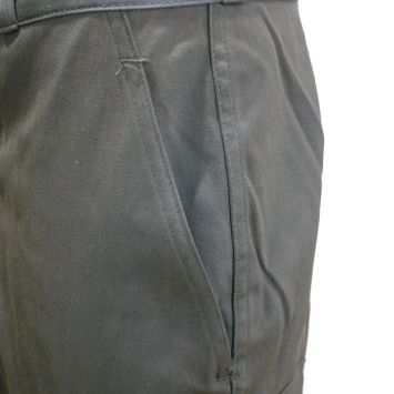 pantalon treillis f2 satin vert, détail taille et braguette zippée, maintien confortable