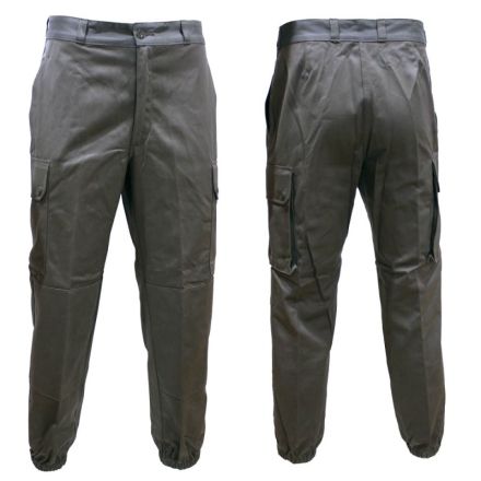 pantalon treillis F2 satin vert origine armée française, vue de face, poches italiennes et bas élastiqués