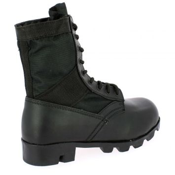 Rangers Jungle Boots noires cuir bovin avec revêtement PU et parties textiles en polyester.