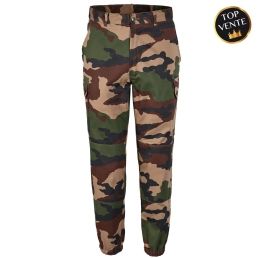 pantalon militaire f2 camouflage cce, vue de face, poches cargo, bas élastiqués, passants larges
